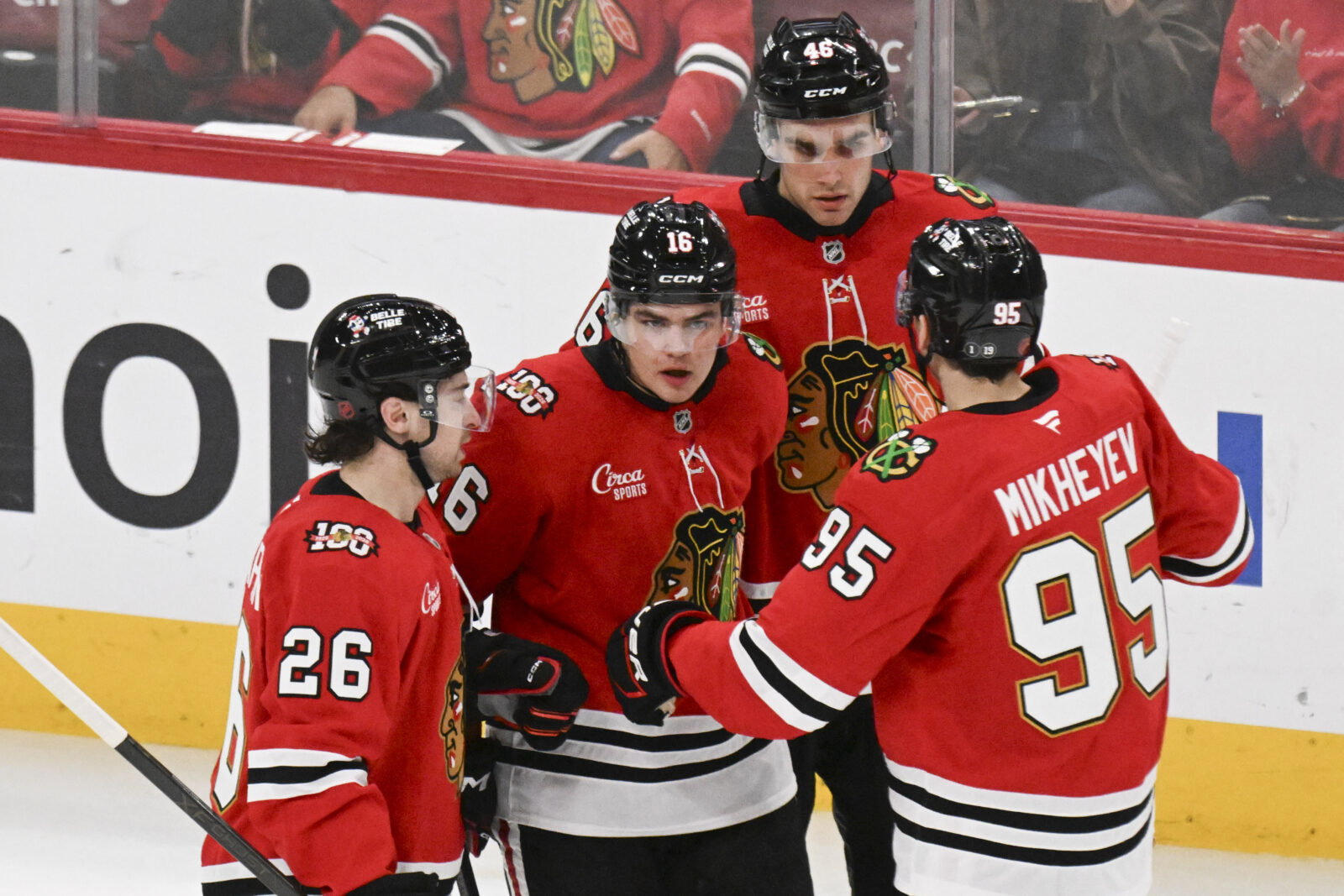 Apr 9, 2026; Chicago, Illinois, USA; Chicago Blackhawks center Anton Frondell (16) celebrates his goal against the Carolina Hurricanes with teammates during the third period at the United Center. Mandatory Credit: Matt Marton-Imagn Images