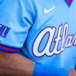 Apr 10, 2026; Atlanta, Georgia, USA; A detailed view of the city connect jersey of Atlanta Braves shortstop Mauricio Dubon (14) before a game against the Cleveland Guardians at Truist Park. Mandatory Credit: