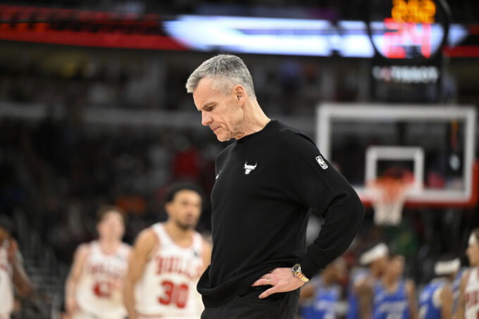 Apr 10, 2026; Chicago, Illinois, USA; Chicago Bulls Head Coach Billy Donovan during the first half against the Orlando Magic at the United Center. Mandatory Credit: Matt Marton-Imagn Images