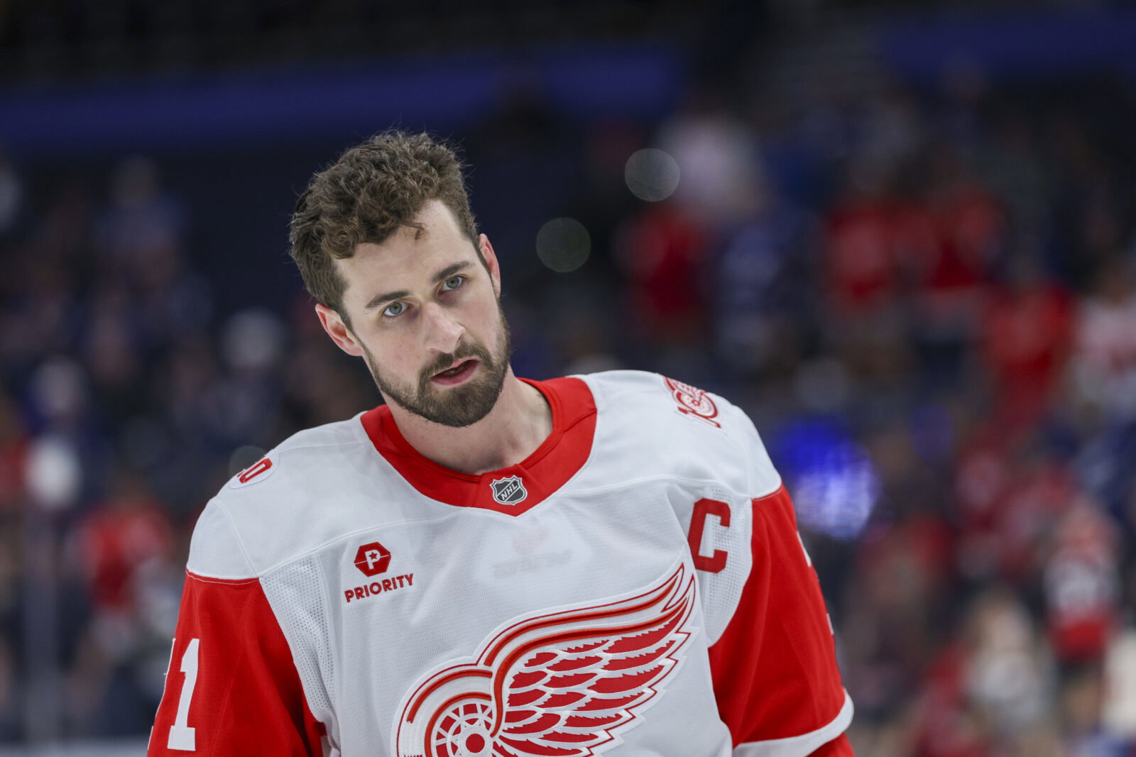 Apr 13, 2026; Tampa, Florida, USA; Detroit Red Wings center Dylan Larkin (71) warms up before a game against the Tampa Bay Lightning at Benchmark International Arena. Mandatory Credit: Nathan Ray Seebeck-Imagn Images