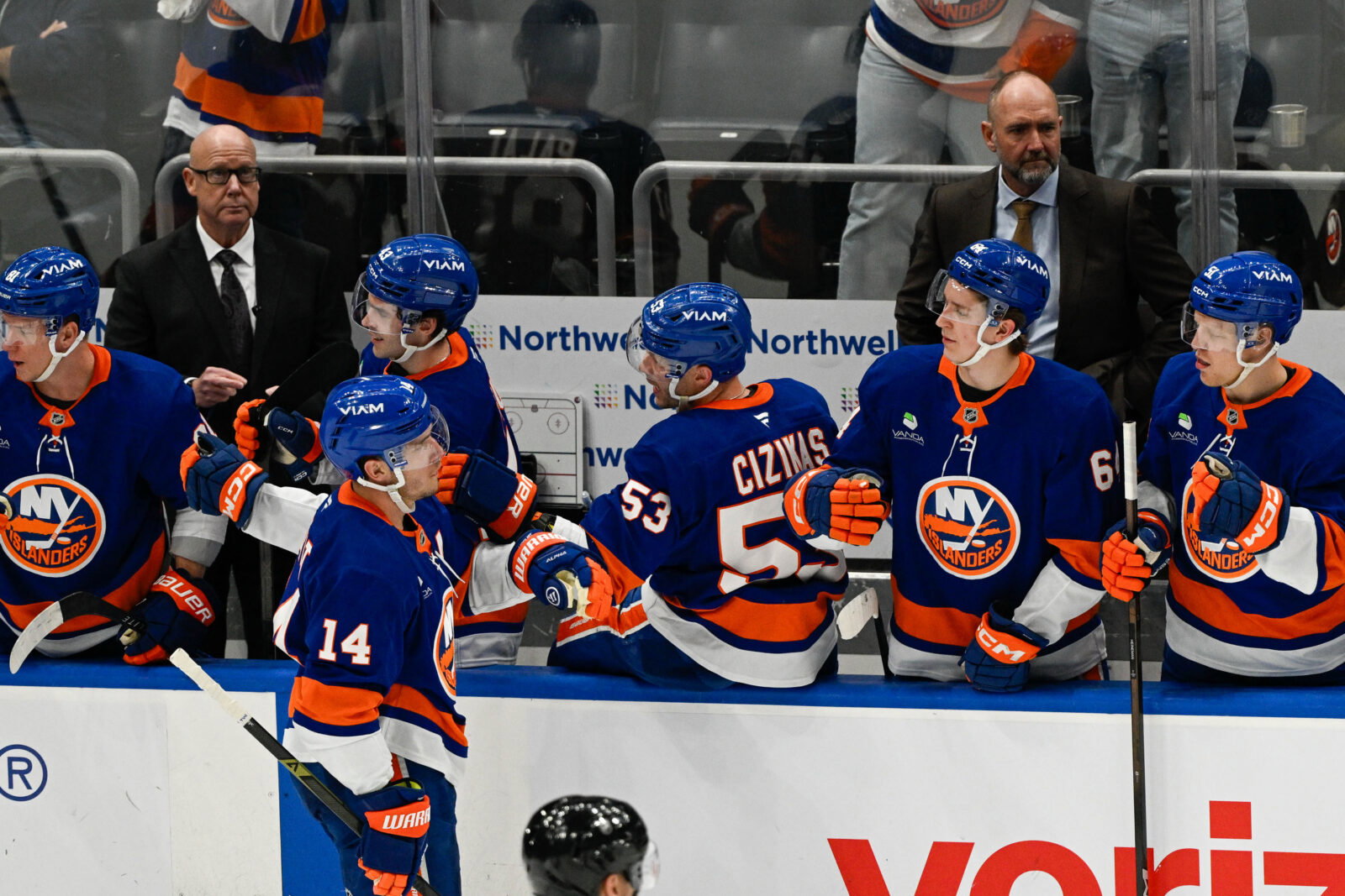 Apr 14, 2026; Elmont, New York, USA; New York Islanders center Bo Horvat (14) celebrates his goal against the Carolina Hurricanes during the second period at UBS Arena. Mandatory Credit: