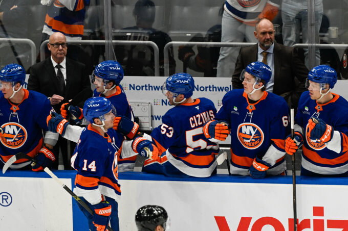 Apr 14, 2026; Elmont, New York, USA; New York Islanders center Bo Horvat (14) celebrates his goal against the Carolina Hurricanes during the second period at UBS Arena. Mandatory Credit:
