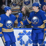 Apr 15, 2026; Buffalo, New York, USA; Buffalo Sabres left wing Zach Benson (6) celebrates scoring a goal against the Dallas Stars with defenseman Luke Schenn (5) in the second period at KeyBank Center. Mandatory Credit: