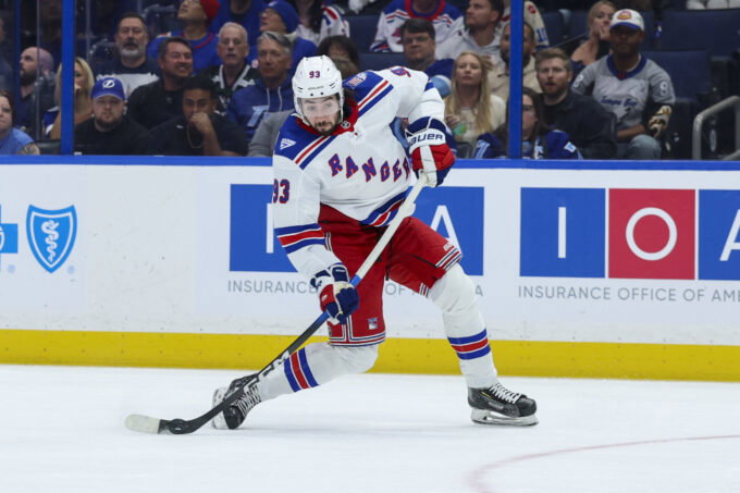 Apr 15, 2026; Tampa, Florida, USA; New York Rangers center Mika Zibanejad (93) shoots the puck against the Tampa Bay Lightning in the second period at Benchmark International Arena. Mandatory Credit: