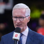 Apr 18, 2026; Los Angeles, California, USA; ESPN play-by-play announcer Mike Breen during game one of the first round of the 2026 NBA Playoffs between the Los Angeles Lakers and the Houston Rockets at Crypto.com Arena. Mandatory Credit: Kirby Lee-Imagn Images
