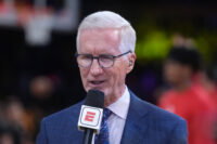 Apr 18, 2026; Los Angeles, California, USA; ESPN play-by-play announcer Mike Breen during game one of the first round of the 2026 NBA Playoffs between the Los Angeles Lakers and the Houston Rockets at Crypto.com Arena. Mandatory Credit: Kirby Lee-Imagn Images