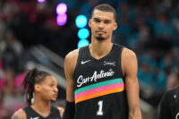 Apr 19, 2026; San Antonio, Texas, USA; San Antonio Spurs forward Victor Wembanyama (1) reacts to a call by an official during the second half of game one of the first round of the 2026 NBA Playoffs against the Portland Trail Blazers at Frost Bank Center. Mandatory Credit: Scott Wachter-Imagn Images