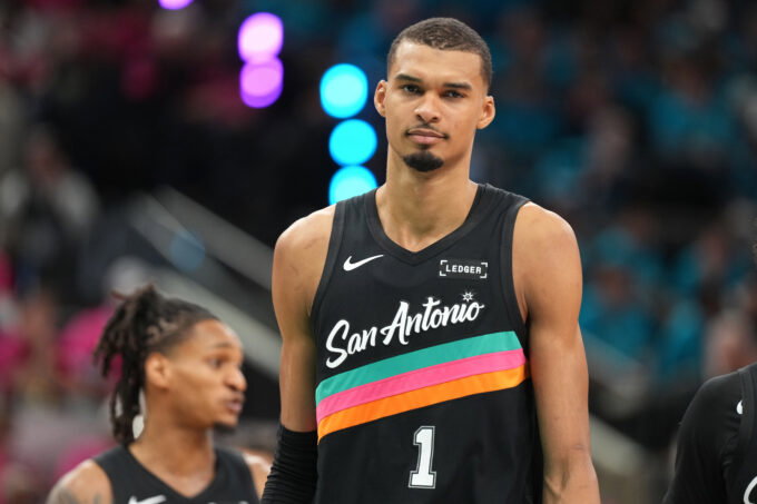 Apr 19, 2026; San Antonio, Texas, USA; San Antonio Spurs forward Victor Wembanyama (1) reacts to a call by an official during the second half of game one of the first round of the 2026 NBA Playoffs against the Portland Trail Blazers at Frost Bank Center. Mandatory Credit: Scott Wachter-Imagn Images