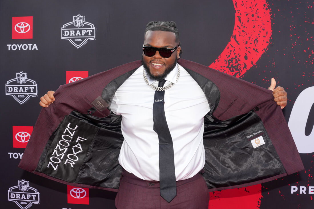 Apr 23, 2026; Pittsburgh, PA, USA; Ohio State Buckeyes defensive tackle Kayden McDonald poses on the red carpet before the 2026 NFL Draft at Point State Park.
