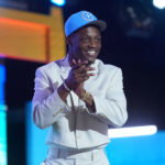 Apr 23, 2026; Pittsburgh, PA, USA; Ohio State Buckeyes receiver Carnell Tate is selected by the Tennessee Titans as the number four pick during the 2026 NFL Draft at Acrisure Stadium. Mandatory Credit: Kirby Lee-Imagn Images