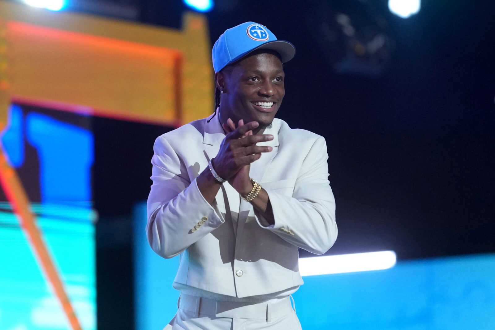 Apr 23, 2026; Pittsburgh, PA, USA; Ohio State Buckeyes receiver Carnell Tate is selected by the Tennessee Titans as the number four pick during the 2026 NFL Draft at Acrisure Stadium. Mandatory Credit: Kirby Lee-Imagn Images