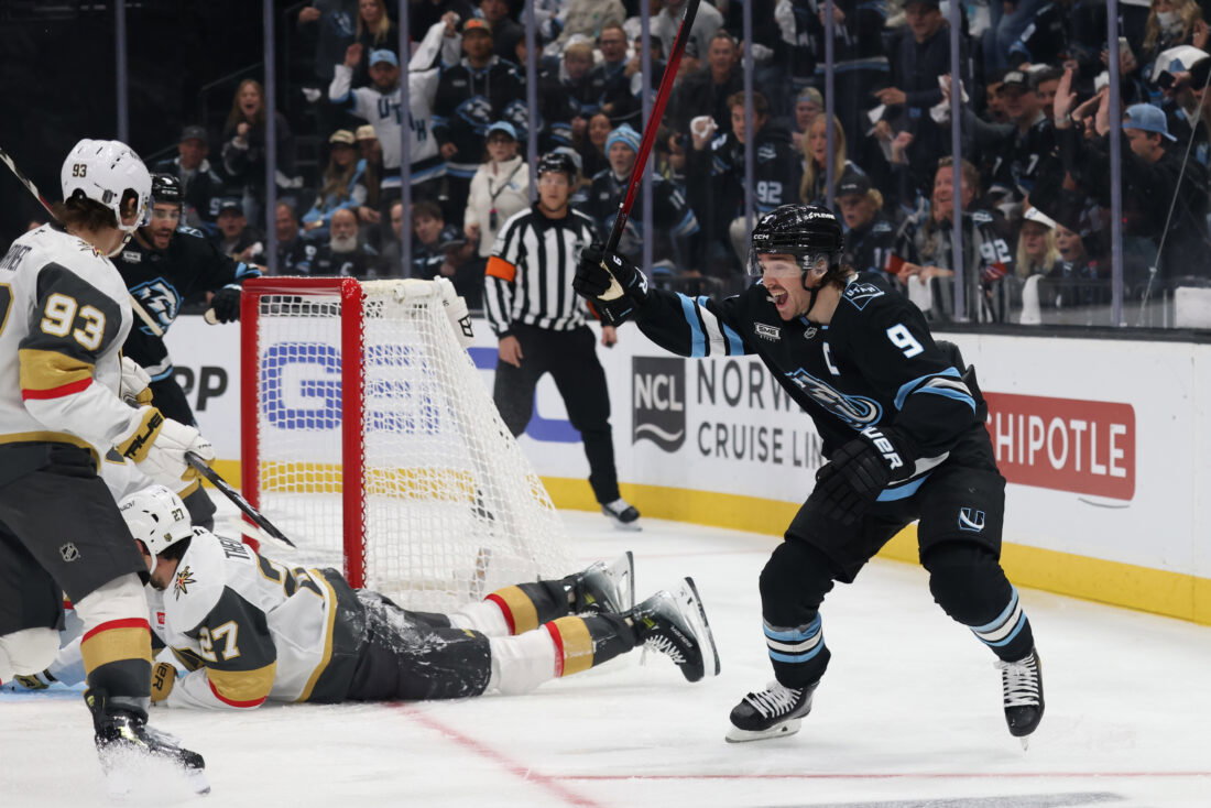 Apr 27, 2026; Salt Lake City, Utah, USA; Utah Mammoth right wing Clayton Keller (9) celebrates after scoring a goal against the Vegas Golden Knights during the third period in game four of the first round of the 2026 Stanley Cup Playoffs at Delta Center. Mandatory Credit: Rob Gray-Imagn Images