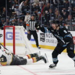 Apr 27, 2026; Salt Lake City, Utah, USA; Utah Mammoth right wing Clayton Keller (9) celebrates after scoring a goal against the Vegas Golden Knights during the third period in game four of the first round of the 2026 Stanley Cup Playoffs at Delta Center. Mandatory Credit: Rob Gray-Imagn Images