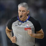 Apr 29, 2026; Cleveland, Ohio, USA; NBA referee Scott Foster (48) runs on the court in the first quarter of game five of the first round of the 2026 NBA Playoffs during a game between the Toronto Raptors and the Cleveland Cavaliers at Rocket Arena. Mandatory Credit: David Richard-Imagn Images