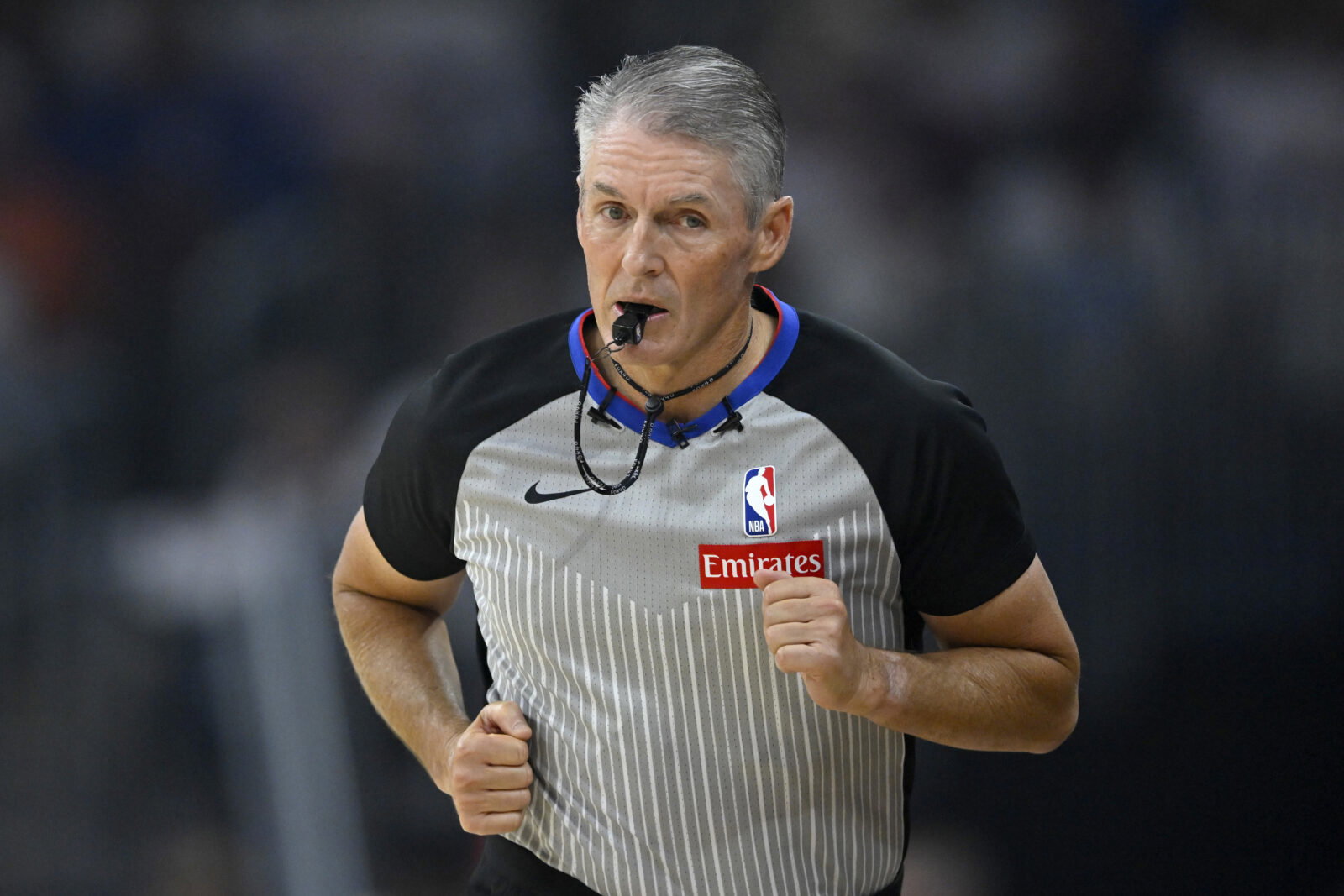 Apr 29, 2026; Cleveland, Ohio, USA; NBA referee Scott Foster (48) runs on the court in the first quarter of game five of the first round of the 2026 NBA Playoffs during a game between the Toronto Raptors and the Cleveland Cavaliers at Rocket Arena. Mandatory Credit: David Richard-Imagn Images