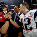 Feb 5, 2017; Houston, TX, USA; New England Patriots quarterback Tom Brady (12) and Atlanta Falcons quarterback Matt Ryan (2) shake hands after Super Bowl LI at NRG Stadium. Mandatory Credit: Matthew Emmons-USA TODAY Sports