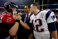 Feb 5, 2017; Houston, TX, USA; New England Patriots quarterback Tom Brady (12) and Atlanta Falcons quarterback Matt Ryan (2) shake hands after Super Bowl LI at NRG Stadium. Mandatory Credit: Matthew Emmons-USA TODAY Sports