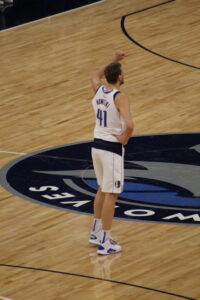 Dirk Nowitzki on the court against the Timberwolves.