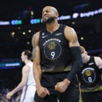 Mar 7, 2023; Oklahoma City, Oklahoma, USA; Golden State Warriors forward Andre Iguodala (9) reacts after a play against the Oklahoma City Thunder during the second half at Paycom Center. Oklahoma City won 137-128.