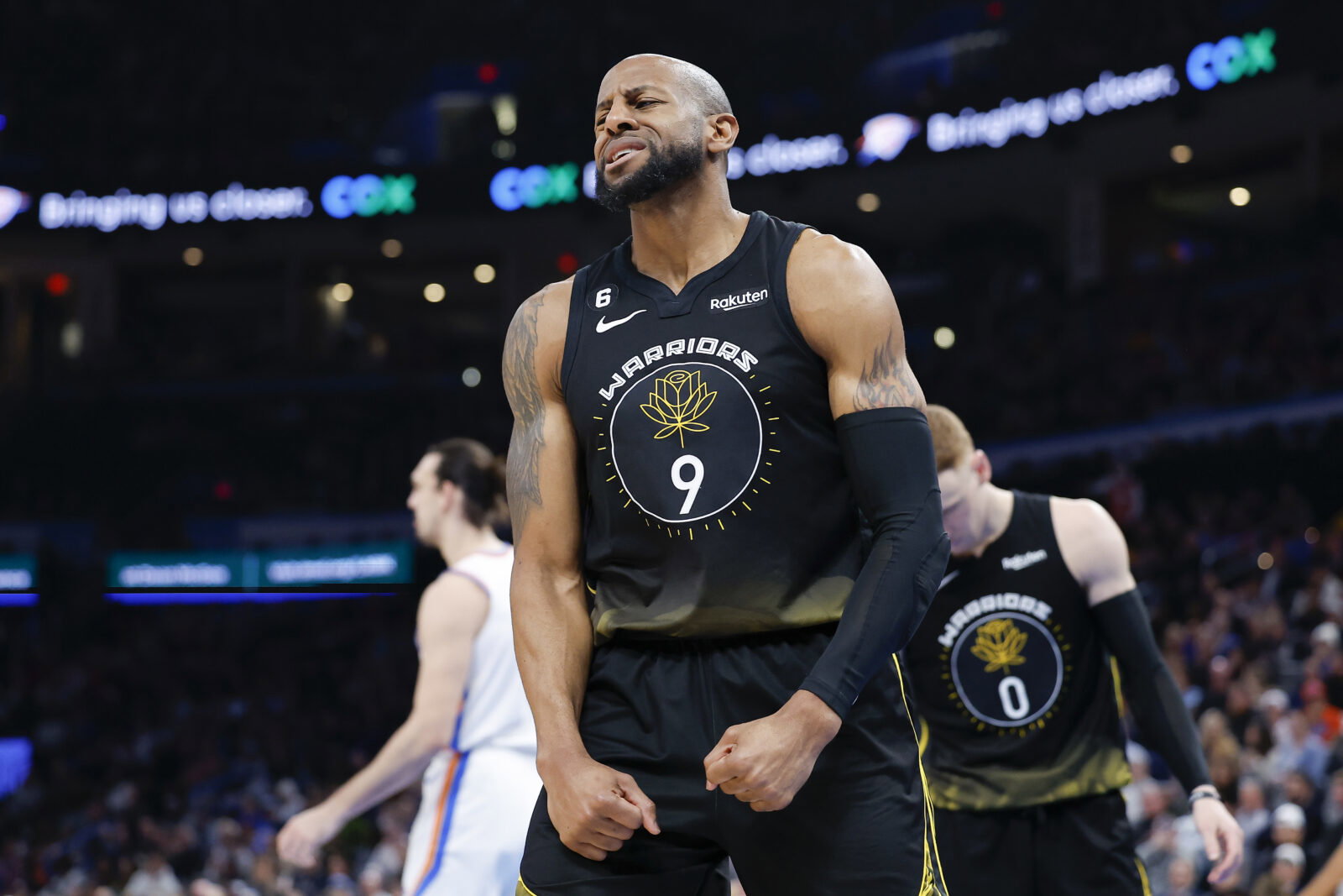 Mar 7, 2023; Oklahoma City, Oklahoma, USA; Golden State Warriors forward Andre Iguodala (9) reacts after a play against the Oklahoma City Thunder during the second half at Paycom Center. Oklahoma City won 137-128.