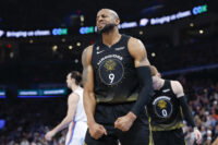 Mar 7, 2023; Oklahoma City, Oklahoma, USA; Golden State Warriors forward Andre Iguodala (9) reacts after a play against the Oklahoma City Thunder during the second half at Paycom Center. Oklahoma City won 137-128.