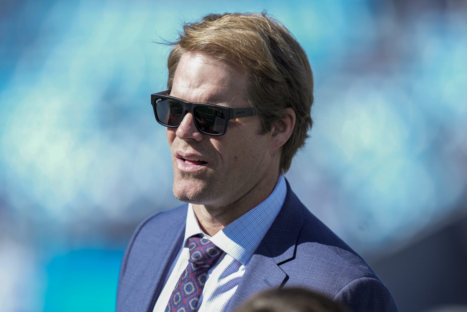 Nov 19, 2023; Charlotte, North Carolina, USA; Former Panther and now announcer Greg Olsen during pregame warm ups between the Carolina Panthers and the Dallas Cowboys at Bank of America Stadium. Mandatory Credit: Jim Dedmon-USA TODAY Sports