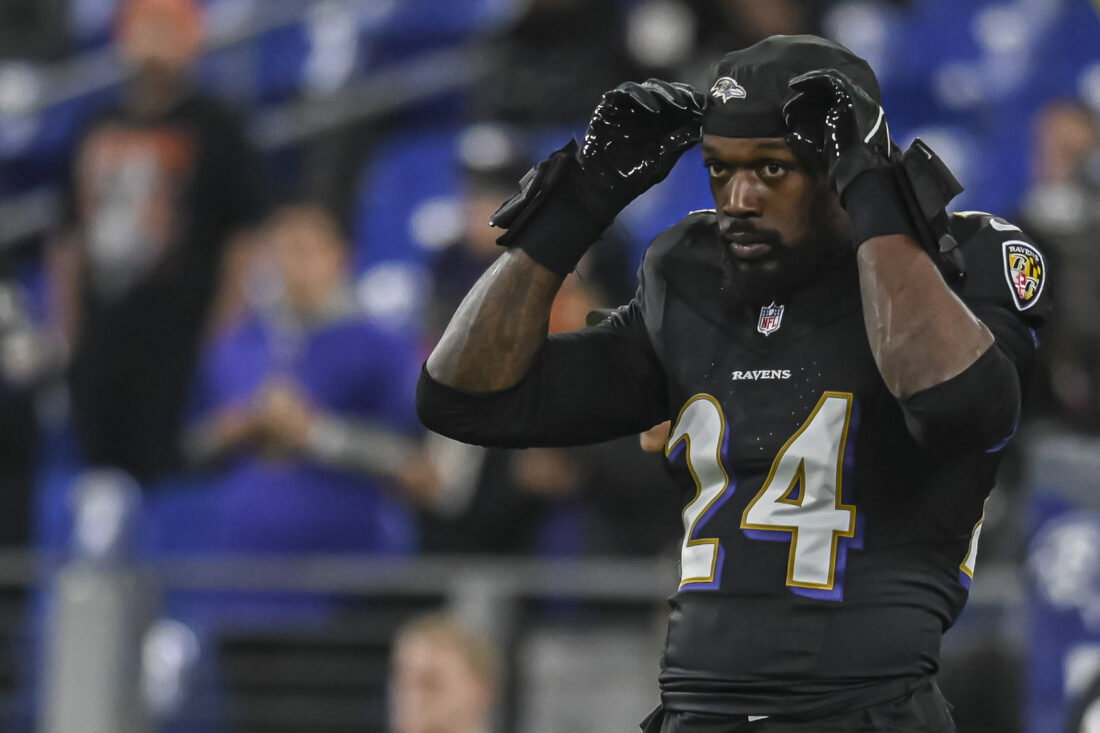Nov 16, 2023; Baltimore, Maryland, USA; Baltimore Ravens linebacker Jadeveon Clowney (24) before the game against Cincinnati Bengals at M&T Bank Stadium. Mandatory Credit: Tommy Gilligan-USA TODAY Sports