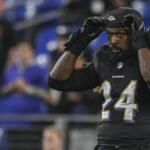 Nov 16, 2023; Baltimore, Maryland, USA; Baltimore Ravens linebacker Jadeveon Clowney (24) before the game against Cincinnati Bengals at M&T Bank Stadium. Mandatory Credit: Tommy Gilligan-USA TODAY Sports