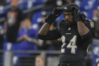 Nov 16, 2023; Baltimore, Maryland, USA; Baltimore Ravens linebacker Jadeveon Clowney (24) before the game against Cincinnati Bengals at M&T Bank Stadium. Mandatory Credit: Tommy Gilligan-USA TODAY Sports
