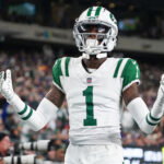 Oct 14, 2024; East Rutherford, New Jersey, USA; New York Jets cornerback Sauce Gardner (1) reacts to a call during the first half against the Buffalo Bills at MetLife Stadium. Mandatory Credit: Lucas Boland-Imagn Images