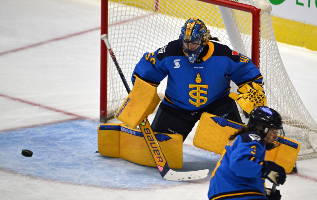 Nov 30, 2024; Toronto, ON, CANADA; Toronto Sceptres goalie Kristen Campbell (50) makes a save against the Boston Fleet in the third period at Coca-Cola Coliseum. Mandatory Credit: Dan Hamilton-Imagn Images