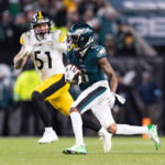 Dec 15, 2024; Philadelphia, Pennsylvania, USA; Philadelphia Eagles wide receiver DeVonta Smith (6) runs with the ball after a catch against the Pittsburgh Steelers during the fourth quarter at Lincoln Financial Field. Mandatory Credit: Bill Streicher-Imagn Images