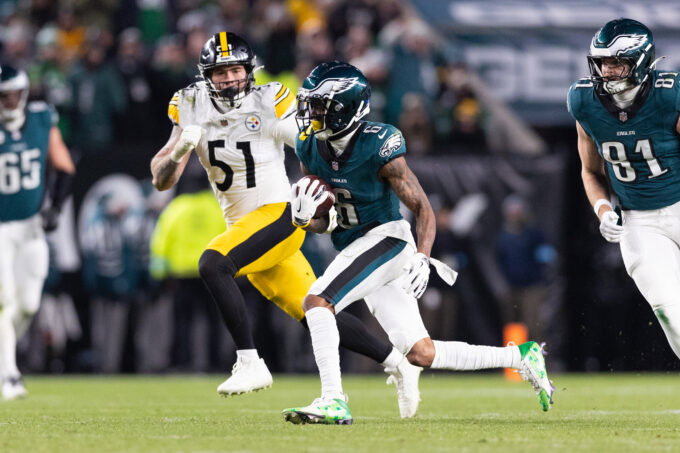 Dec 15, 2024; Philadelphia, Pennsylvania, USA; Philadelphia Eagles wide receiver DeVonta Smith (6) runs with the ball after a catch against the Pittsburgh Steelers during the fourth quarter at Lincoln Financial Field. Mandatory Credit: Bill Streicher-Imagn Images