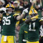 Green Bay Packers wide receiver Jayden Reed (11) reacts with tight end Tucker Kraft (85) after cathing a first down pass against the New Orleans Saints on Monday, December 23, 2024 at Lambeau Field in Green Bay, Wis. The Packers defeated the Saints 34-0. Wm. Glasheen USA TODAY NETWORK-Wisconsin