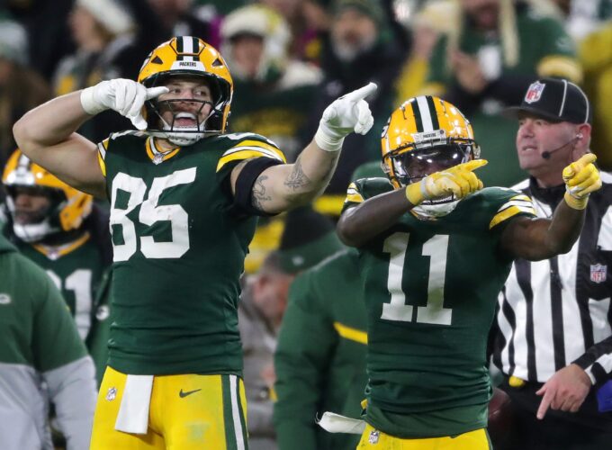 Green Bay Packers wide receiver Jayden Reed (11) reacts with tight end Tucker Kraft (85) after cathing a first down pass against the New Orleans Saints on Monday, December 23, 2024 at Lambeau Field in Green Bay, Wis. The Packers defeated the Saints 34-0. Wm. Glasheen USA TODAY NETWORK-Wisconsin