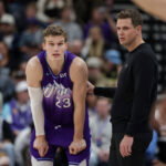 Feb 1, 2025; Salt Lake City, Utah, USA; Utah Jazz forward Lauri Markkanen (23) and head coach Will Hardy talk during a stop in play in the second half against the Orlando Magic at Delta Center. Mandatory Credit: Chris Nicoll-Imagn Images