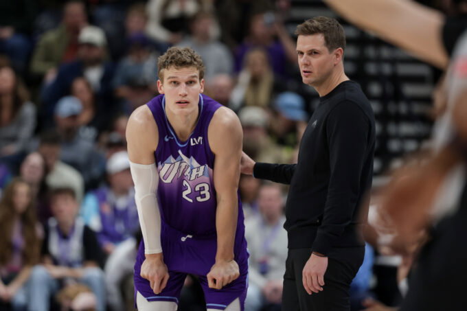 Feb 1, 2025; Salt Lake City, Utah, USA; Utah Jazz forward Lauri Markkanen (23) and head coach Will Hardy talk during a stop in play in the second half against the Orlando Magic at Delta Center. Mandatory Credit: Chris Nicoll-Imagn Images