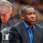 Feb 21, 2025; Toronto, Ontario, CAN; Toronto Raptors president Masai Ujiri looks on court side before a NBA game against the Miami Heat at Scotiabank Arena.