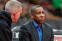 Feb 21, 2025; Toronto, Ontario, CAN; Toronto Raptors president Masai Ujiri looks on court side before a NBA game against the Miami Heat at Scotiabank Arena.