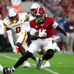 Sep 6, 2025; Tuscaloosa, Alabama, USA; Alabama Crimson Tide wide receiver Germie Bernard (5) carries the ball during the first quarter against the Louisiana Monroe Warhawks at Saban Field at Bryant-Denny Stadium. Mandatory Credit: David Leong-Imagn Images