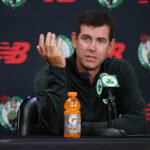 Sep 29, 2025; Boston, MA, USA; Boston Celtics president of basketball operations Brad Stevens talks to reporters during media day at the Auerbach Center. Mandatory Credit: