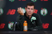 Sep 29, 2025; Boston, MA, USA; Boston Celtics president of basketball operations Brad Stevens talks to reporters during media day at the Auerbach Center. Mandatory Credit:
