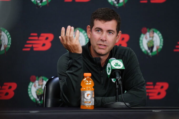 Sep 29, 2025; Boston, MA, USA; Boston Celtics president of basketball operations Brad Stevens talks to reporters during media day at the Auerbach Center. Mandatory Credit: