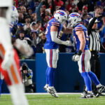 Nov 2, 2025; Orchard Park, New York, USA; Buffalo Bills defensive end Michael Hoecht (55) celebrates a defensive stop with defensive end Greg Rousseau (50) in the third quarter against the Kansas City Chiefs at Highmark Stadium. Mandatory Credit: Gregory Fisher-Imagn Images
