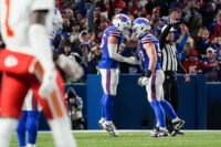 Nov 2, 2025; Orchard Park, New York, USA; Buffalo Bills defensive end Michael Hoecht (55) celebrates a defensive stop with defensive end Greg Rousseau (50) in the third quarter against the Kansas City Chiefs at Highmark Stadium. Mandatory Credit: Gregory Fisher-Imagn Images