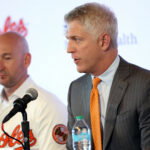 Nov 4, 2025; Baltimore, MD, USA; Right: President of Baseball Operations Mike Elias introduces Left: Craig Albernaz as the Baltimore Orioles new Manager at Warehouse Bar. Mandatory Credit: Daniel Kucin Jr.-Imagn Images