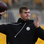 Nov 30, 2025; Pittsburgh, Pennsylvania, USA; Pittsburgh Steelers quarterback Will Howard (18) warms up before the game against the Buffalo Bills at Acrisure Stadium. Mandatory Credit: Charles LeClaire-Imagn Images
