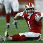 Dec 28, 2025; Santa Clara, California, USA; San Francisco 49ers wide receiver Ricky Pearsall (1) celebrates in the first half against the Chicago Bears at Levi's Stadium. Mandatory Credit: Sergio Estrada-Imagn Images