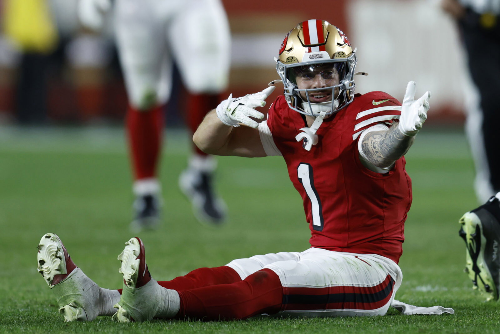 Dec 28, 2025; Santa Clara, California, USA; San Francisco 49ers wide receiver Ricky Pearsall (1) celebrates in the first half against the Chicago Bears at Levi's Stadium. Mandatory Credit: Sergio Estrada-Imagn Images