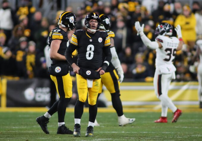 Pittsburgh Steelers quarterback Aaron Rodgers (8) looks on at the Jumbotron after his fumble resulted in a Houston Texans touchdown during the second half of the NFL Wild Card game at Acrisure Stadium in Pittsburgh, PA on January 12, 2026.